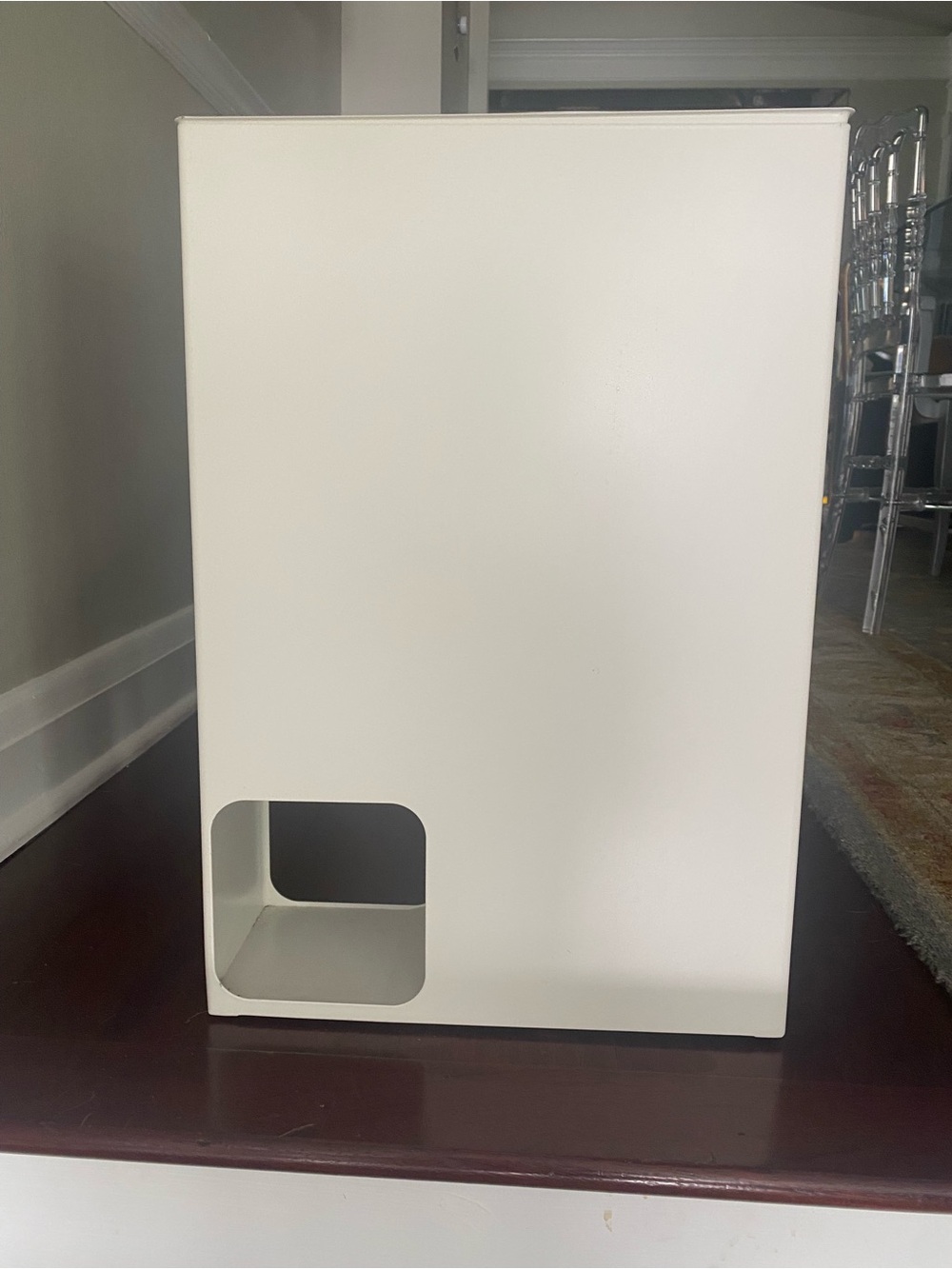 Modern White Metal Storage Cube with Tissue Paper Cutout and Lid